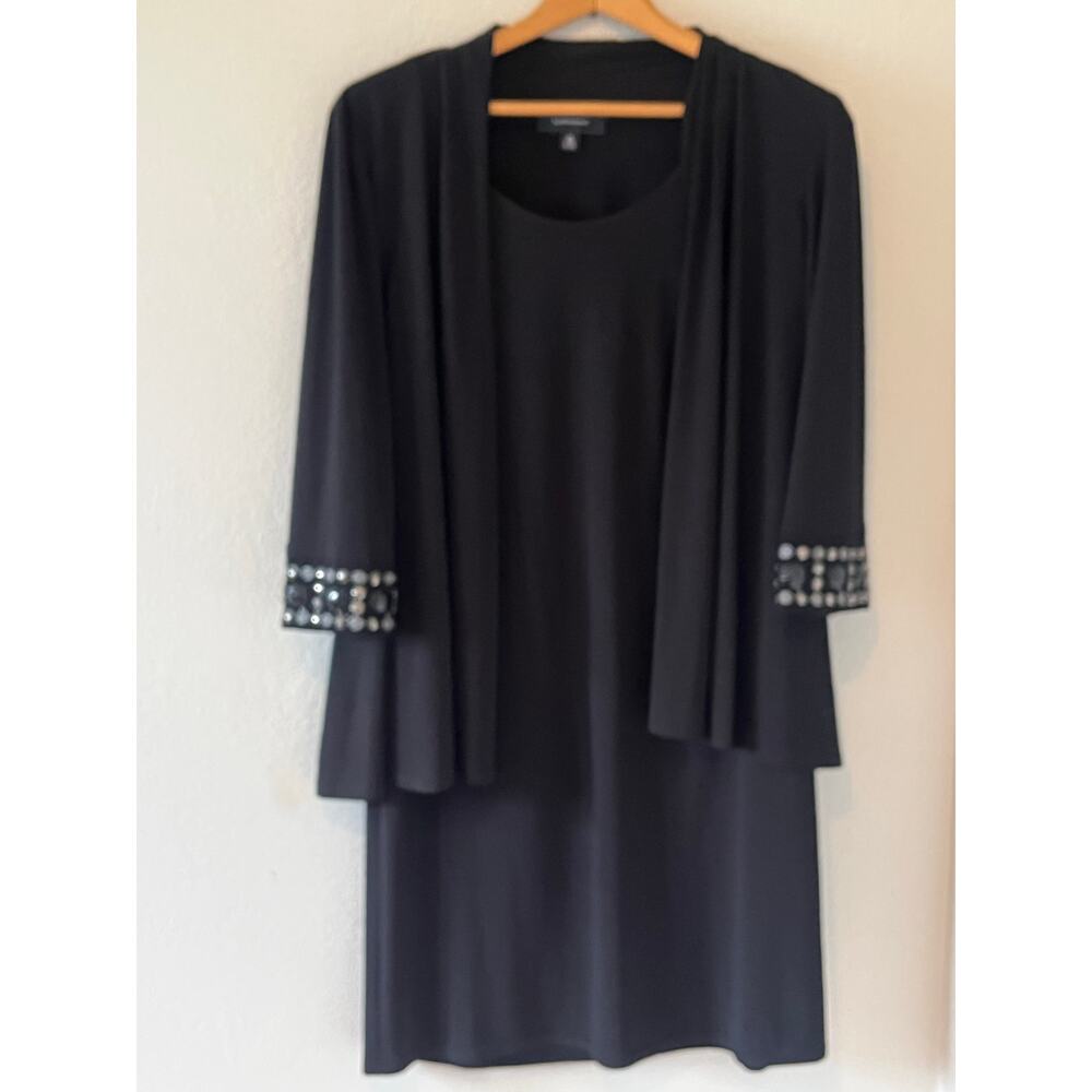 Women's R&M Richards Black Sleeveless Dress Jacket Set Embellished Sleeve Sz M